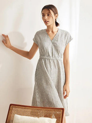 100% Linen Striped Elastic-Waist Midi Dress ARIA - Glamourous Grace