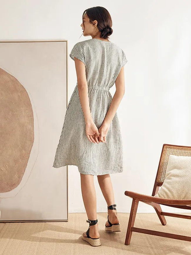 100% Linen Striped Elastic-Waist Midi Dress ARIA - Glamourous Grace