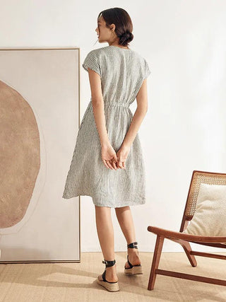 100% Linen Striped Elastic-Waist Midi Dress ARIA - Glamourous Grace