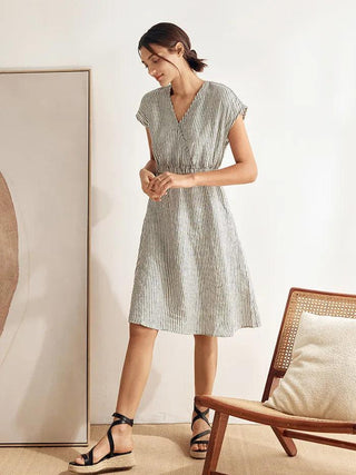 100% Linen Striped Elastic-Waist Midi Dress ARIA - Glamourous Grace