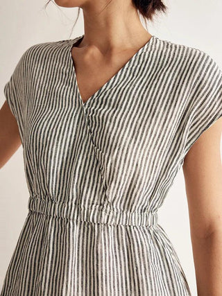 100% Linen Striped Elastic-Waist Midi Dress ARIA - Glamourous Grace