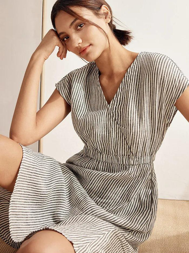 100% Linen Striped Elastic-Waist Midi Dress ARIA - Glamourous Grace