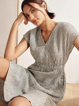 100% Linen Striped Elastic-Waist Midi Dress ARIA - Glamourous Grace