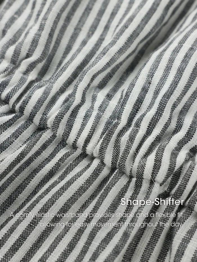 100% Linen Striped Elastic-Waist Midi Dress ARIA - Glamourous Grace