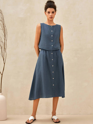 100% Linen Button Decorate Vest Naxi Skirts Set LUCIA