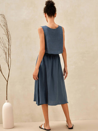 100% Linen Button Decorate Vest Naxi Skirts Set LUCIA