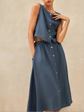 100% Linen Button Decorate Vest Naxi Skirts Set LUCIA