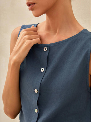 100% Linen Button Decorate Vest Naxi Skirts Set LUCIA