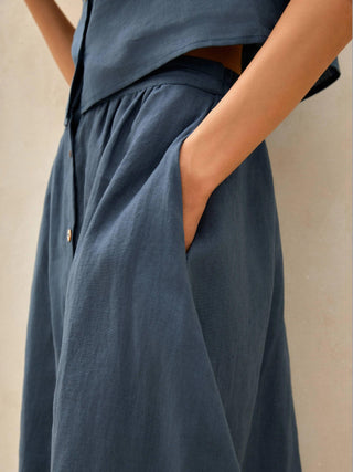 100% Linen Button Decorate Vest Naxi Skirts Set LUCIA