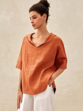 Linen V Neck Short Sleeve Shirt SIERRA - Glamourous Grace