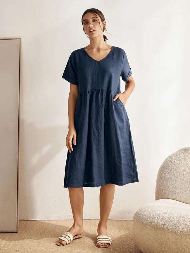 100% Linen V-Neck Waist Ruched Pocket Dress CHARLOTTE - Glamourous Grace