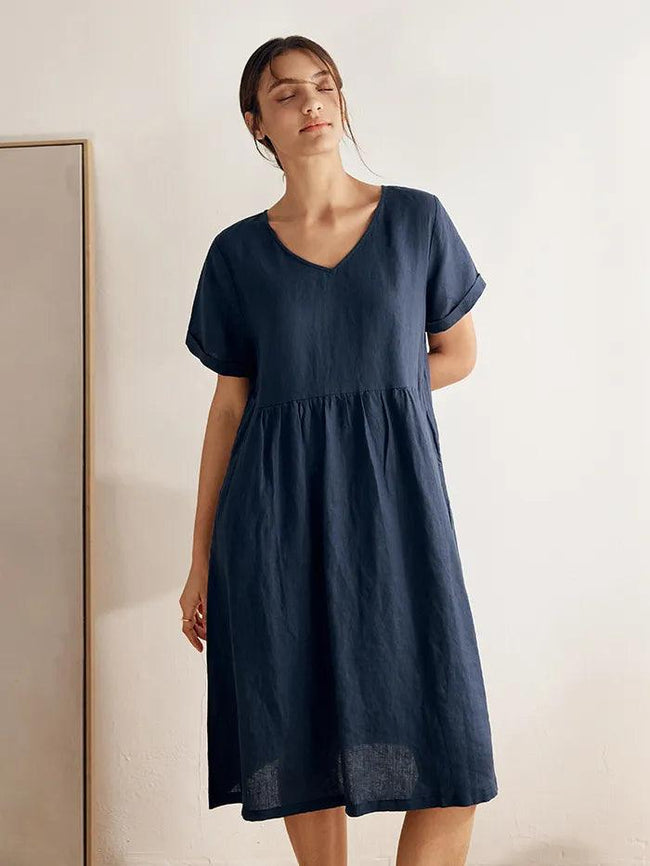 100% Linen V-Neck Waist Ruched Pocket Dress CHARLOTTE - Glamourous Grace
