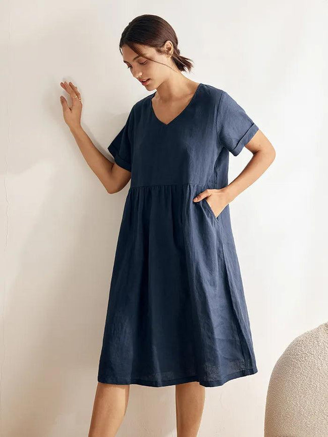 100% Linen V-Neck Waist Ruched Pocket Dress CHARLOTTE - Glamourous Grace