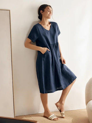 100% Linen V-Neck Waist Ruched Pocket Dress CHARLOTTE - Glamourous Grace