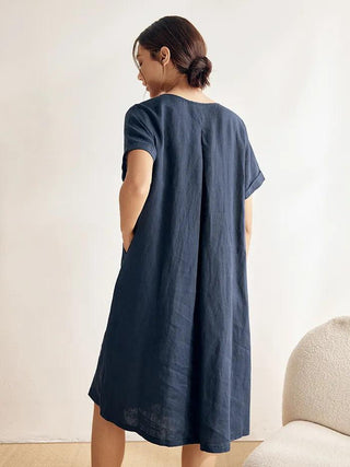 100% Linen V-Neck Waist Ruched Pocket Dress CHARLOTTE - Glamourous Grace