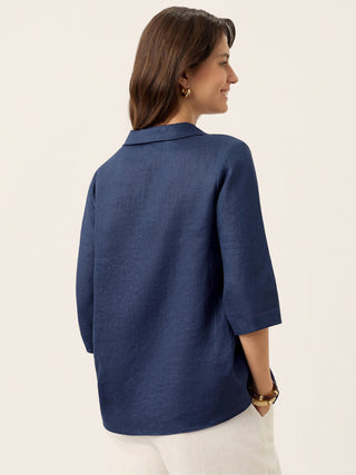 Navy blue linen long top with asymmetric collar and inverted pleats, by LINTICO, featuring a relaxed, elegant design.