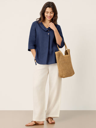 Navy blue linen long top with asymmetric collar and inverted pleat detail, designed by LINTICO.