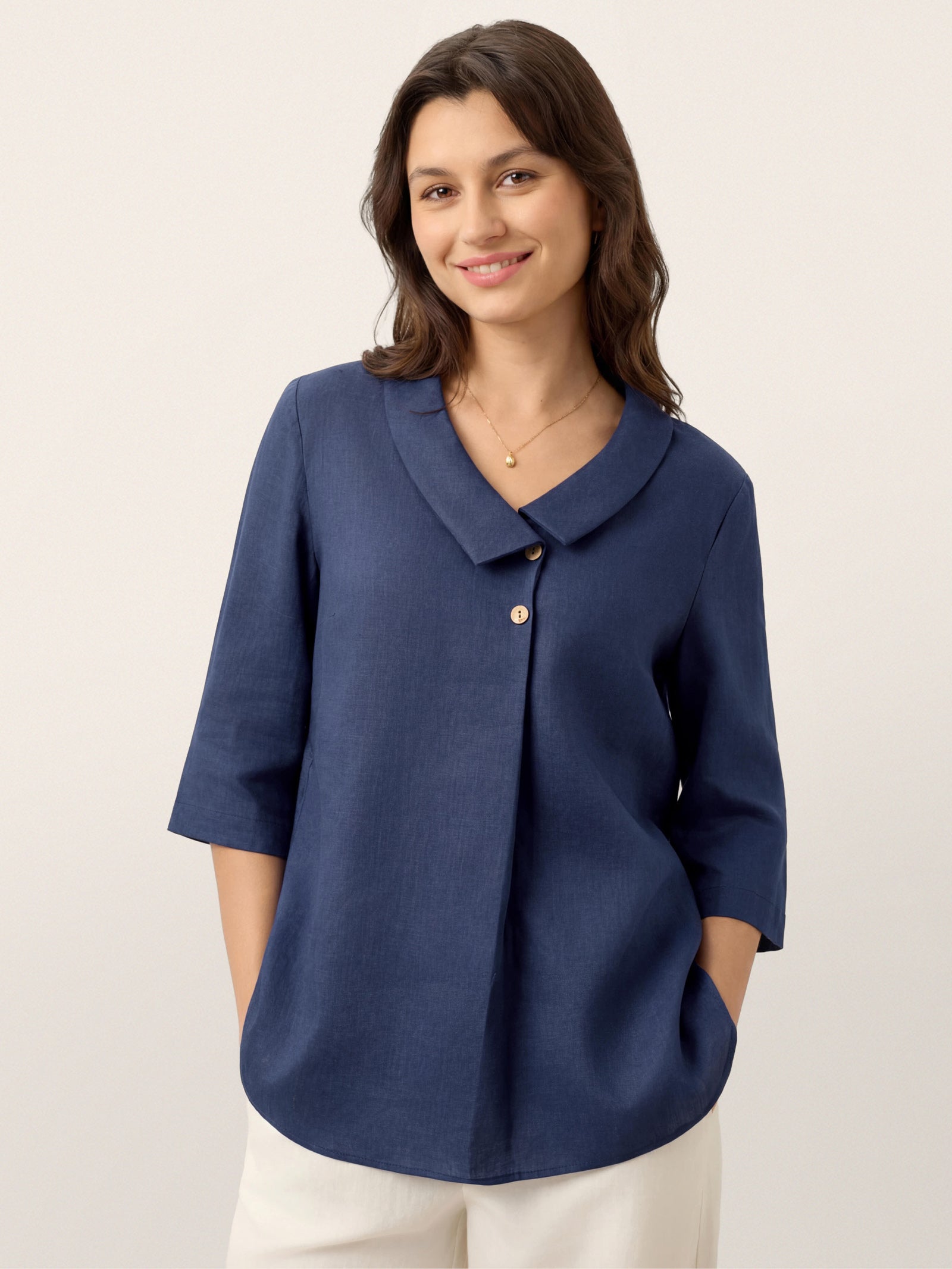 100% Linen Asymmetric Collar Inverted Pleat Top OTTILIE - Glamourous Grace