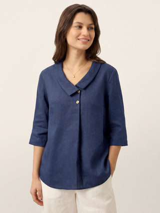 LINTICO navy blue 100% linen long top with asymmetric collar and inverted pleat design, casual and breathable for everyday wear.