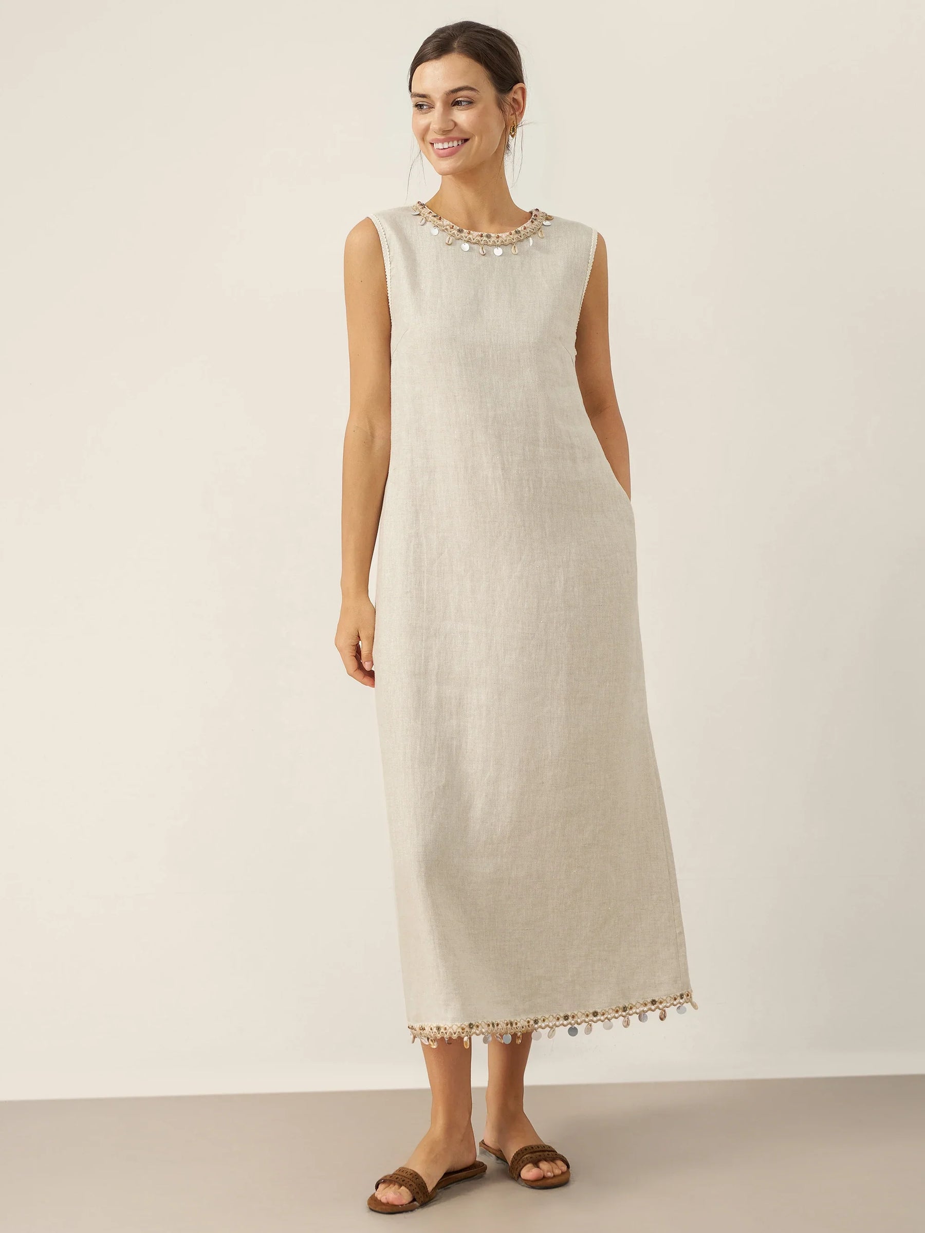 100% Linen Beaded Crew Neck Maxi Dress with Belt BELLA - Glamourous Grace