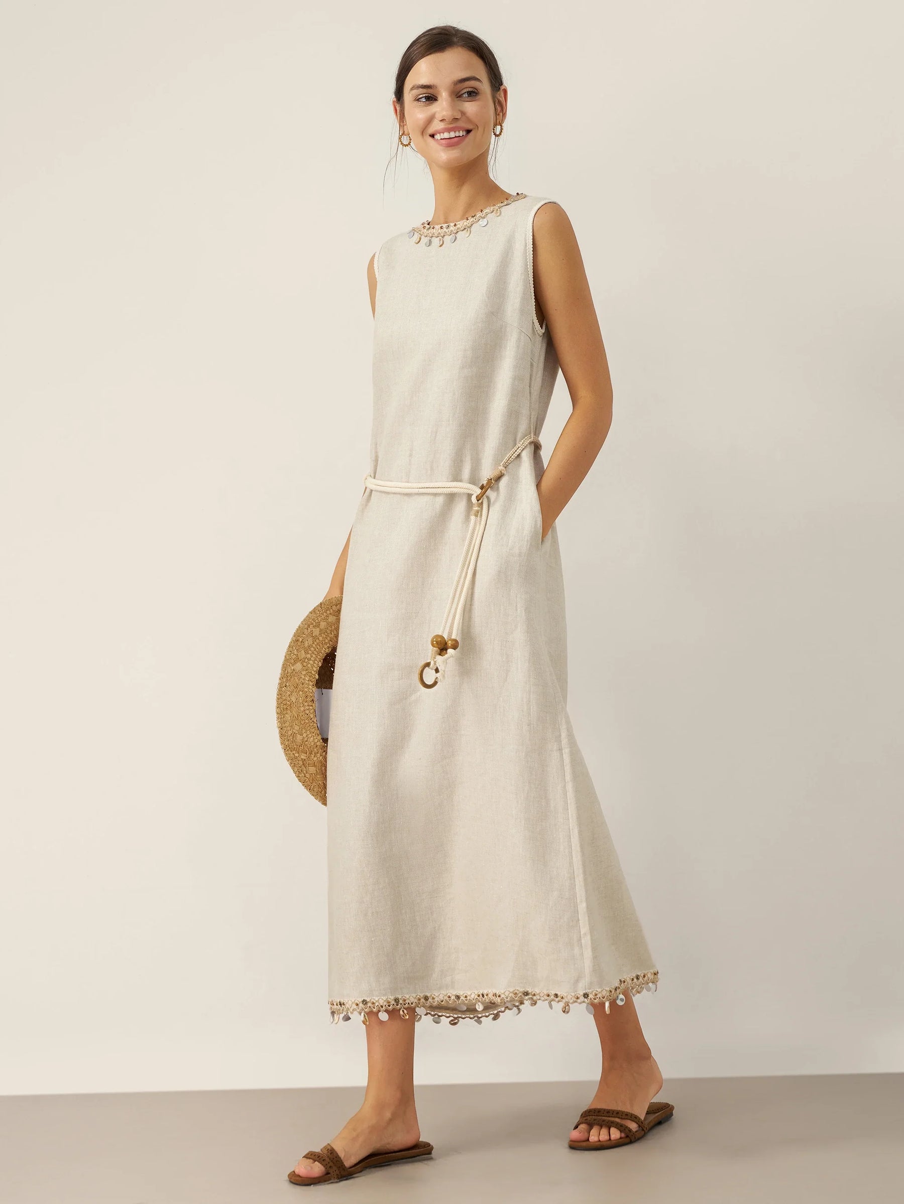 100% Linen Beaded Crew Neck Maxi Dress with Belt BELLA - Glamourous Grace