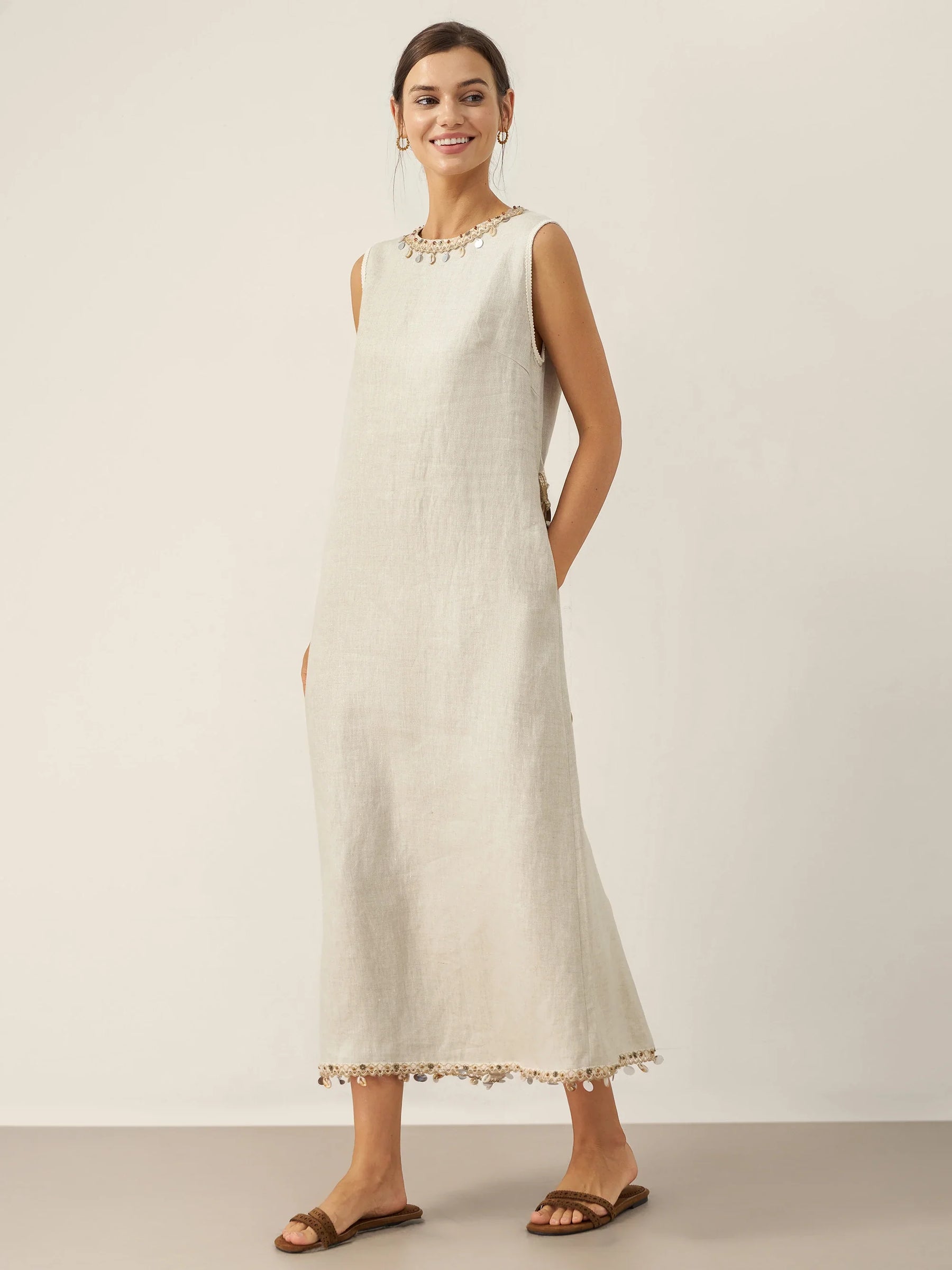 100% Linen Beaded Crew Neck Maxi Dress with Belt BELLA - Glamourous Grace