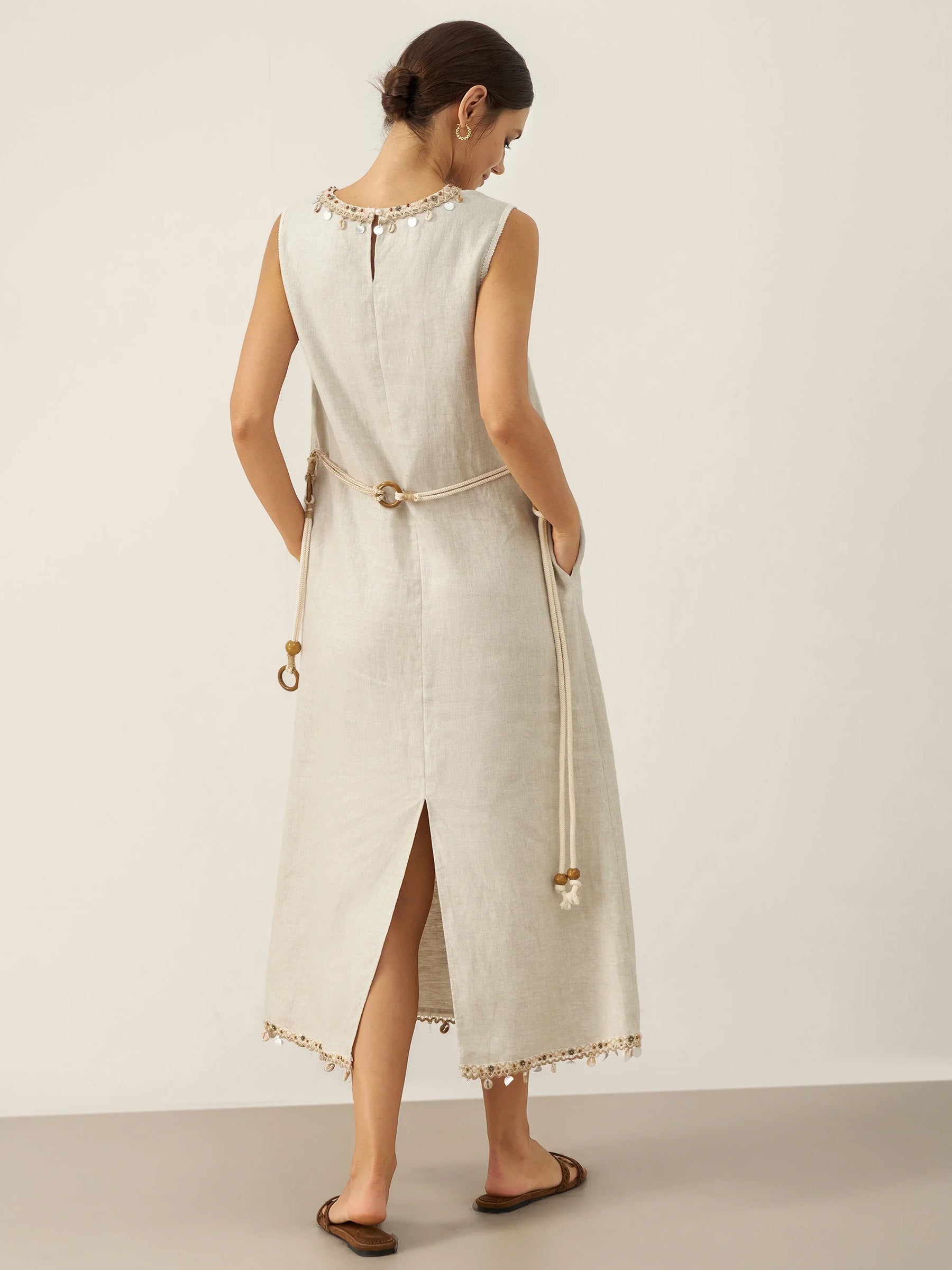 100% Linen Beaded Crew Neck Maxi Dress with Belt BELLA - Glamourous Grace