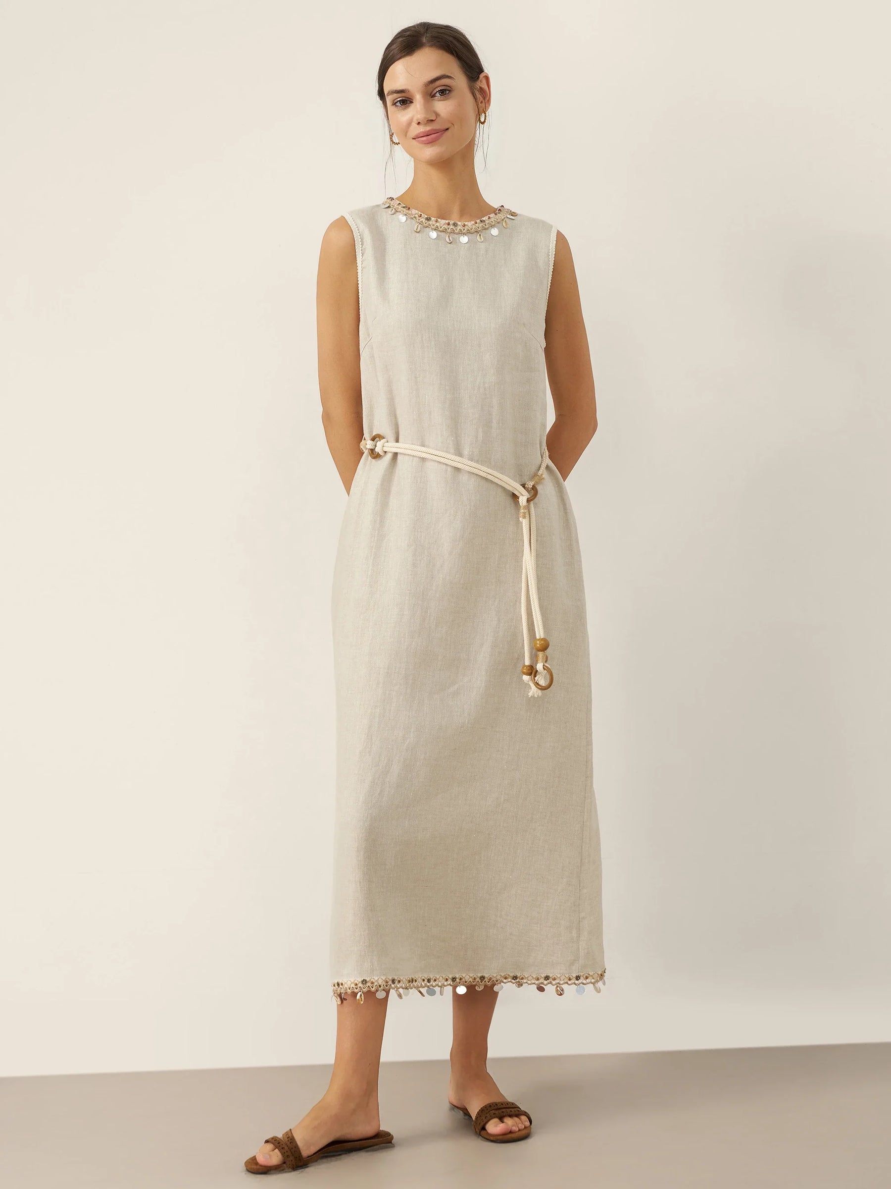 100% Linen Beaded Crew Neck Maxi Dress with Belt BELLA - Glamourous Grace