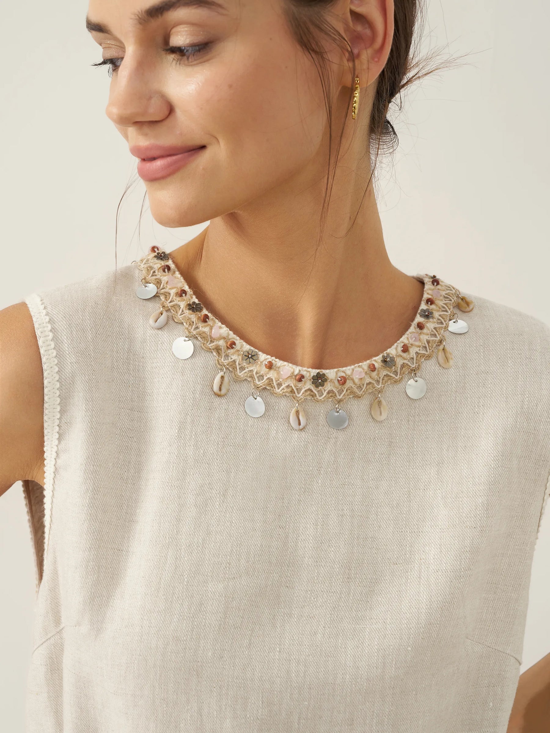 100% Linen Beaded Crew Neck Maxi Dress with Belt BELLA - Glamourous Grace