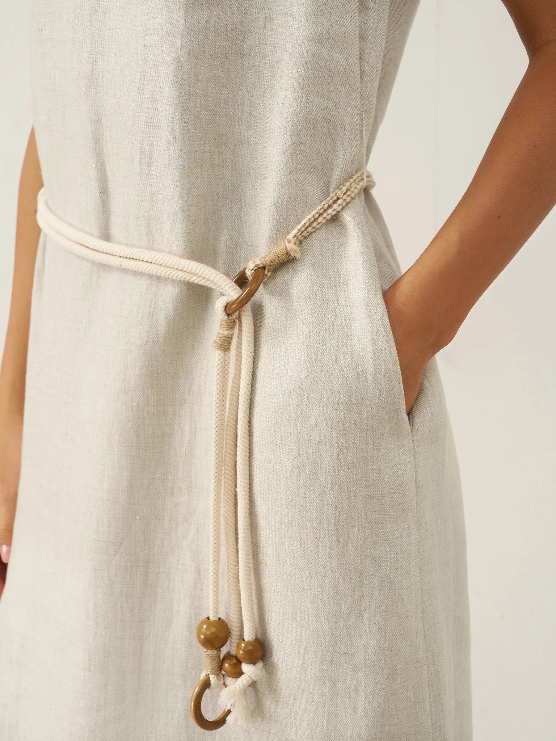 100% Linen Beaded Crew Neck Maxi Dress with Belt BELLA - Glamourous Grace