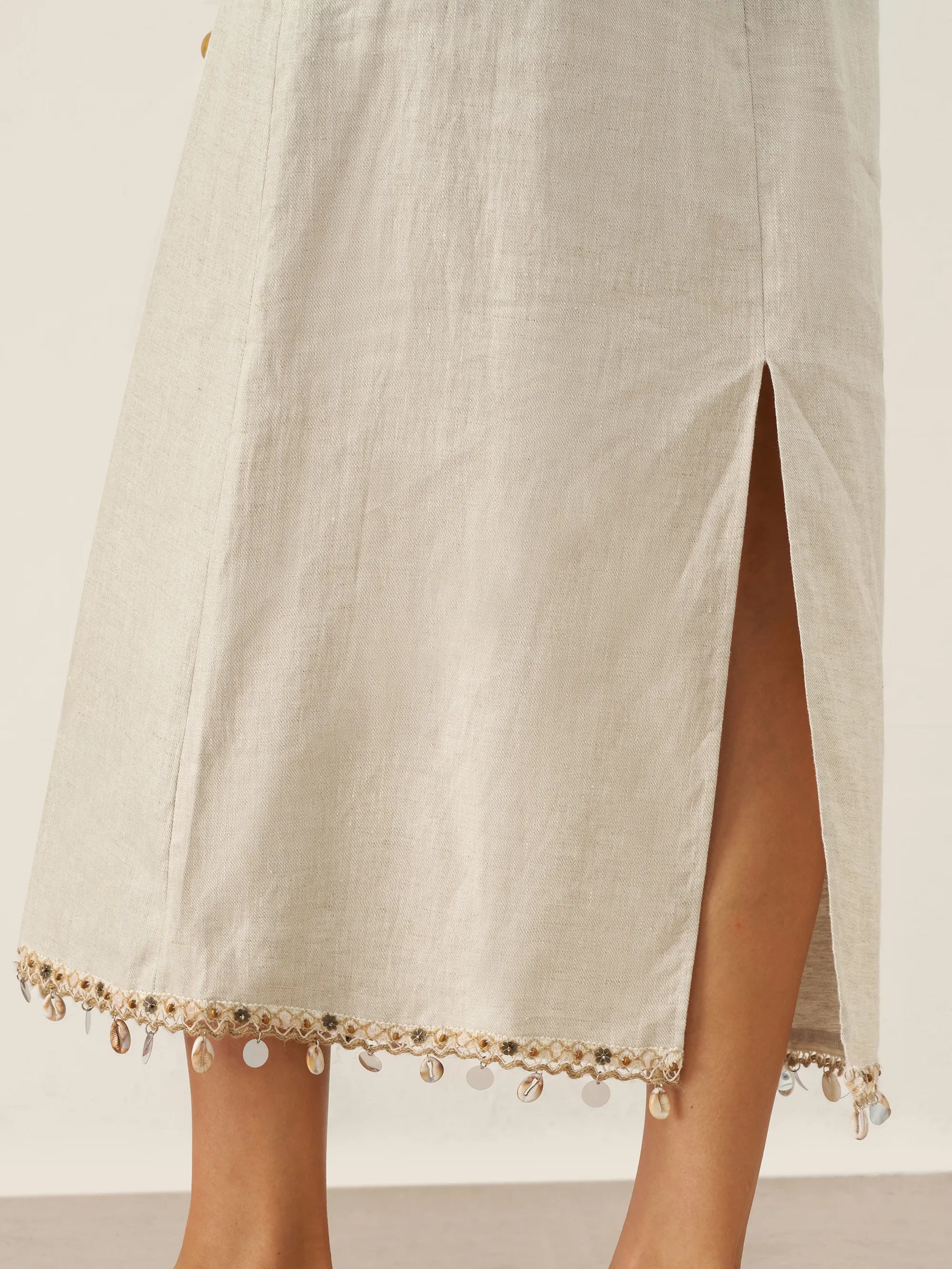 100% Linen Beaded Crew Neck Maxi Dress with Belt BELLA - Glamourous Grace