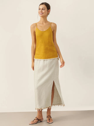 Honey yellow linen camisole by LINTICO with beaded hem, sleeveless top featuring a relaxed fit and lightweight fabric.