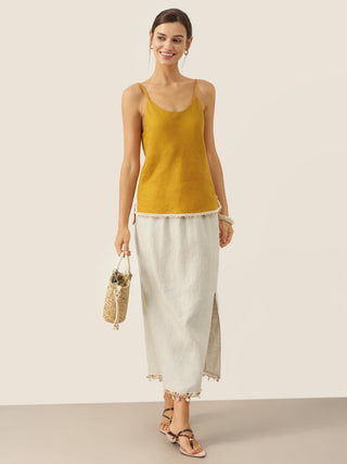 Honey yellow linen camisole with beaded hem by LINTICO, featuring a relaxed fit and lightweight, breathable fabric.