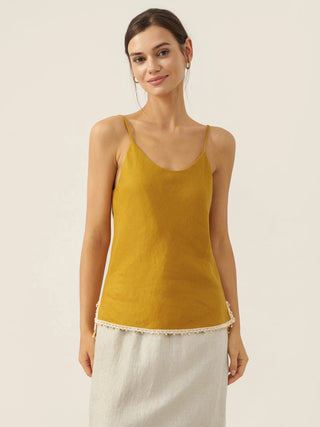 Honey yellow linen camisole with beaded hem from LINTICO, featuring a relaxed fit and lightweight fabric perfect for summer wear.