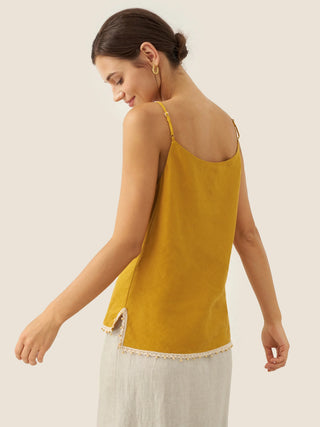 Honey yellow linen camisole with beaded hem from LINTICO, showcasing lightweight, breathable fabric and delicate bead detailing.