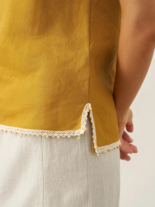 Honey yellow linen camisole with beaded hem from Bree by LINTICO, featuring a sleeveless top with a relaxed fit.