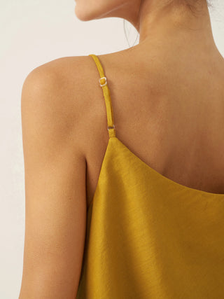Honey yellow linen camisole by LINTICO with beaded hem, sleeveless top featuring a relaxed fit and lightweight fabric.