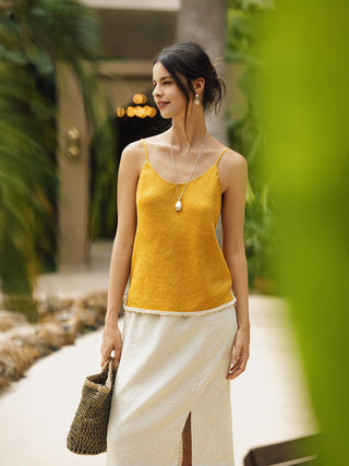 LINTICO honey yellow linen camisole with beaded hem, featuring a relaxed fit, paired with a natural linen elastic waist skirt.