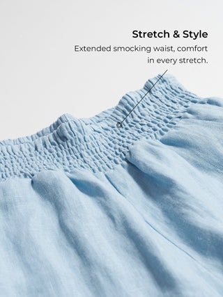 Baby blue linen pants with broad elastic waistband and relaxed fit, by LINTICO, perfect for comfortable everyday wear.