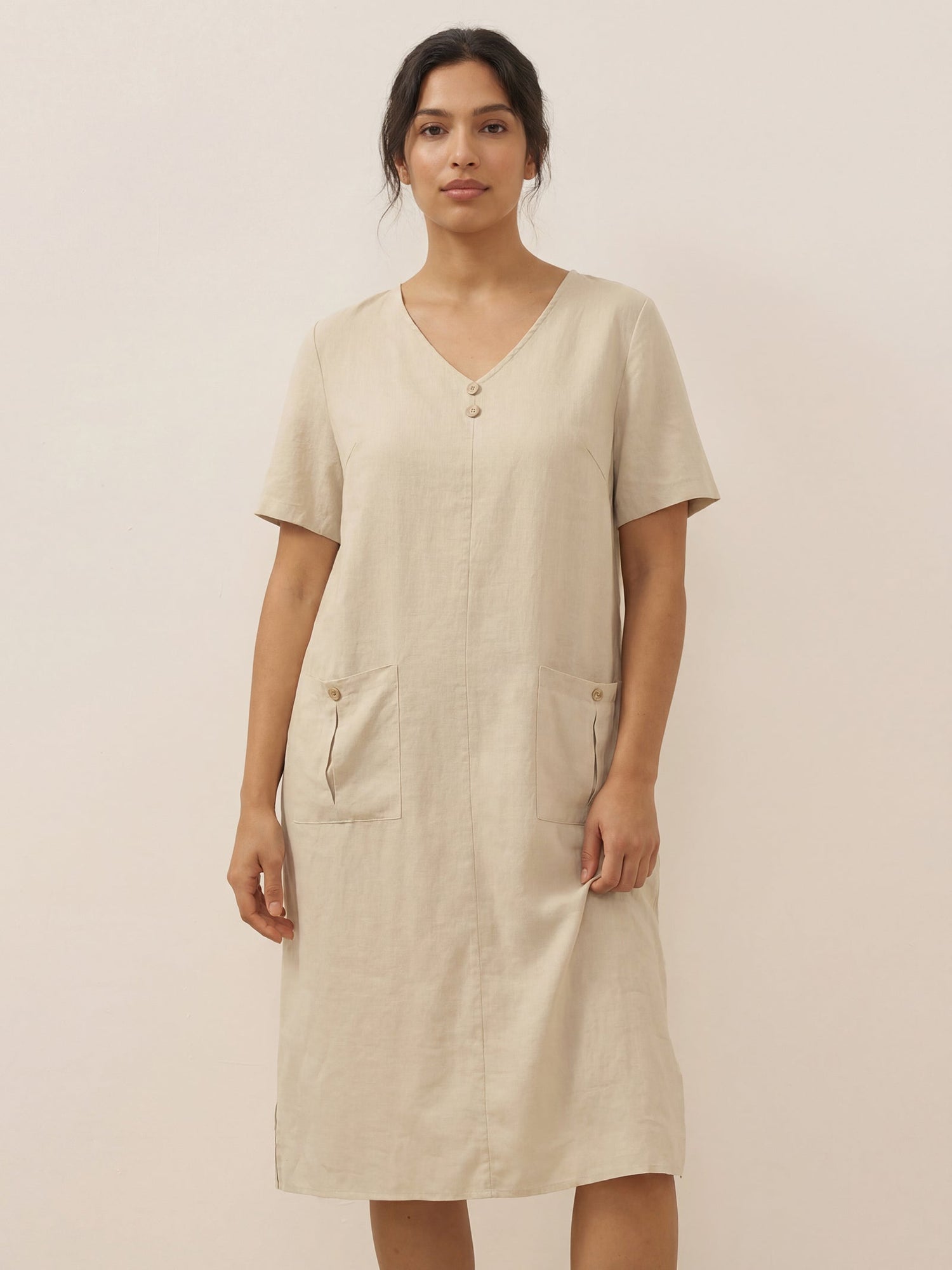 100% Linen Button Front V-Neck Midi Dress NOA - Glamourous Grace