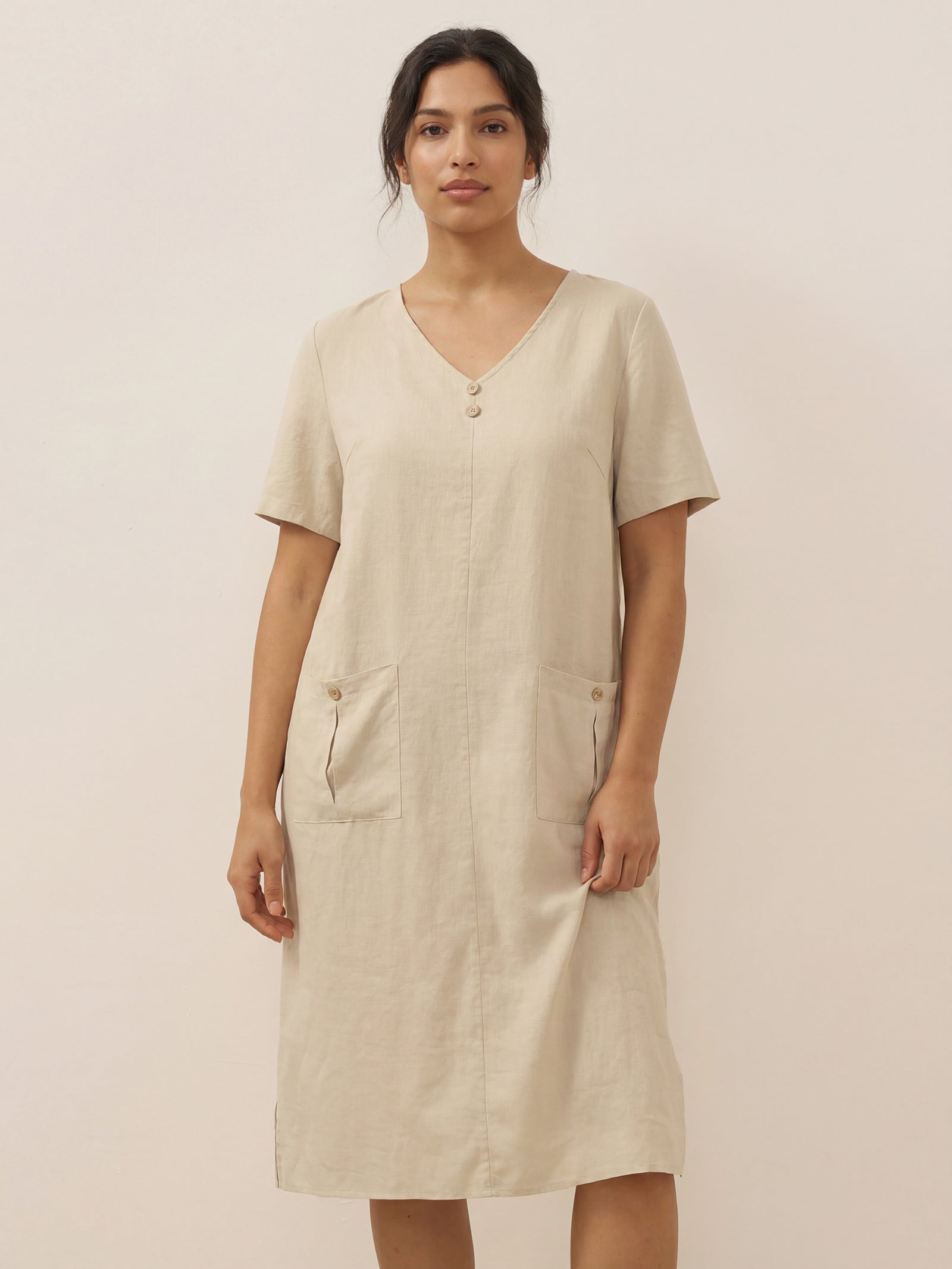 100% Linen Button Front V-Neck Midi Dress NOA - Glamourous Grace