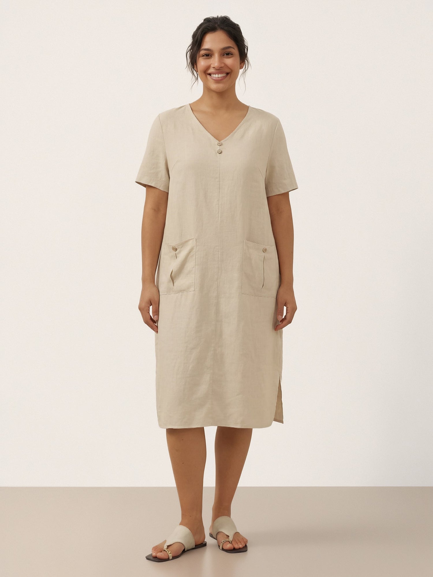 100% Linen Button Front V-Neck Midi Dress NOA - Glamourous Grace