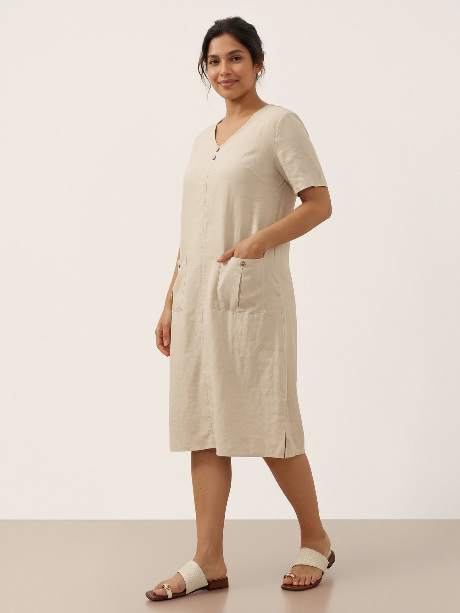 100% Linen Button Front V-Neck Midi Dress NOA - Glamourous Grace