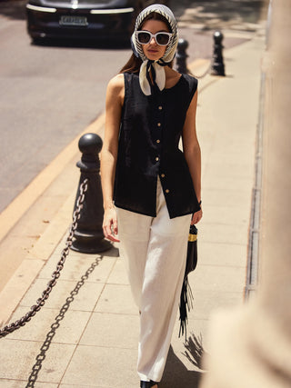 Charcoal black linen tank top with button-down front from LINTICO's 100% linen tops collection.