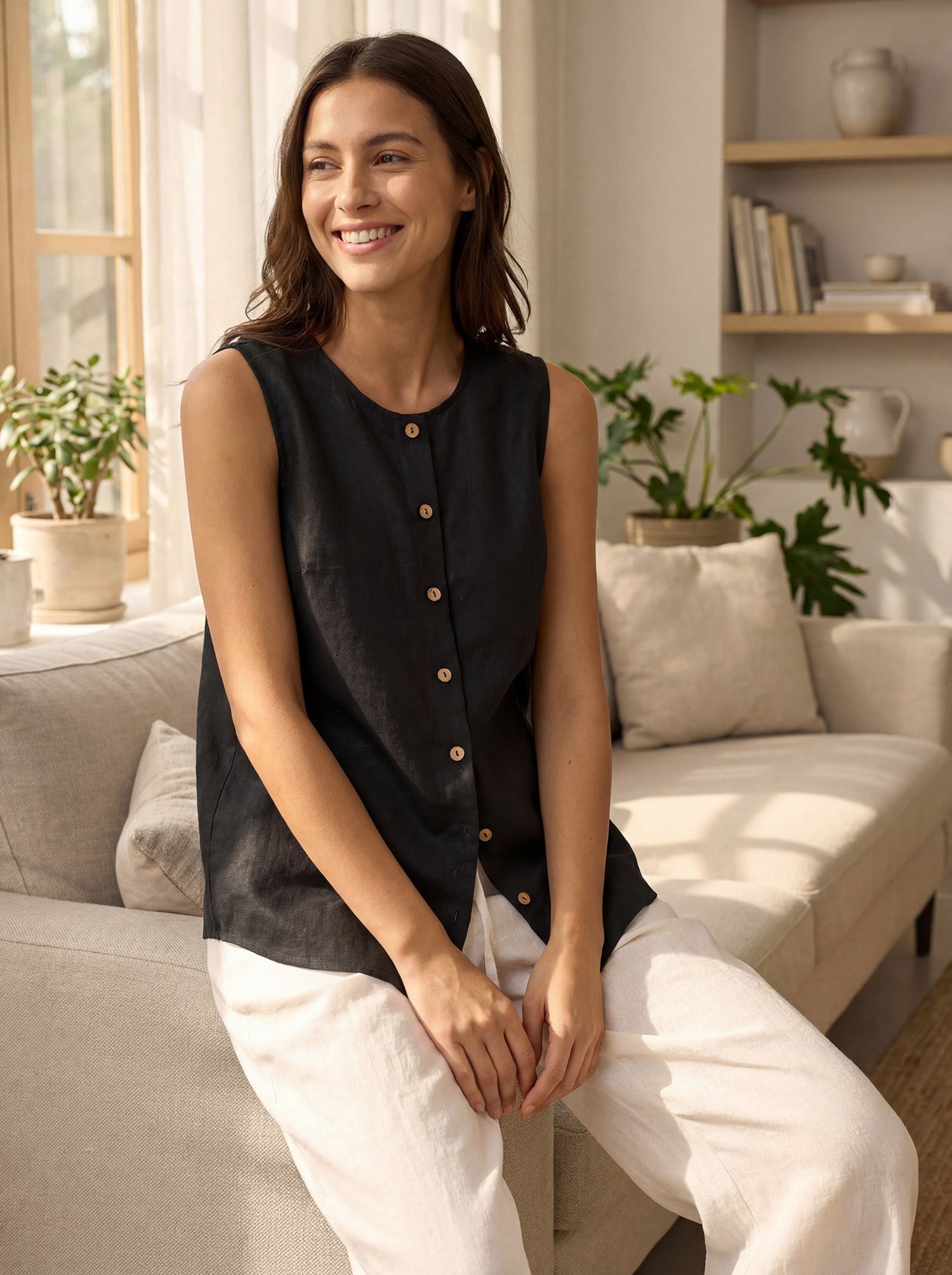 100% Linen Buttons Down Tank Top ERIN - Glamourous Grace