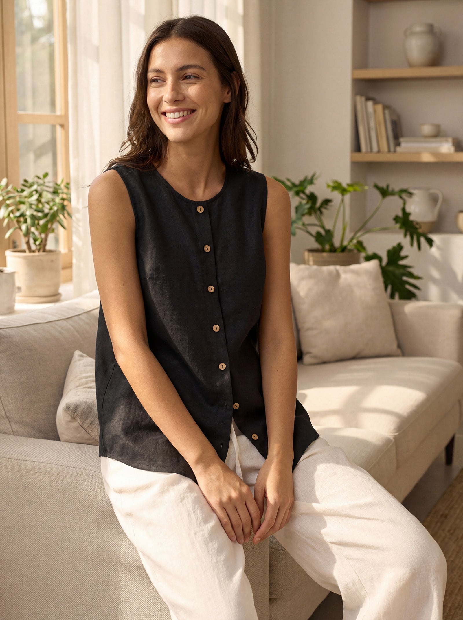 100% Linen Buttons Down Tank Top ERIN - Glamourous Grace