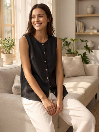 Charcoal linen tank top with button-down front, sleeveless design, from LINTICO's 100% linen ERIN collection.