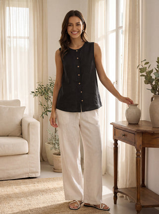 Charcoal 100% linen button-down tank top by LINTICO, featuring a sleeveless design and classic collar detail.