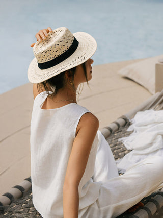 LINTICO 100% linen button-down tank top in optic white, casual sleeveless top for warm weather.