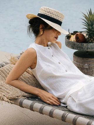LINTICO 100% linen buttons-down tank top in optic white, casual sleeveless top for warm weather.